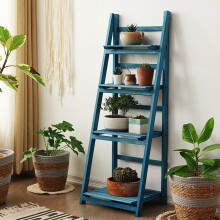 Wooden Ladder Plant Stand 4 Tier Foldable Flower Pot Display Rack for Indoor Outdoor Use Blue