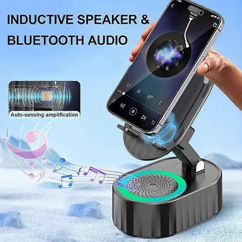 (Black) Wireless Induction Audio Bluetooth Speaker 5 in 1 Phone Holder 2
