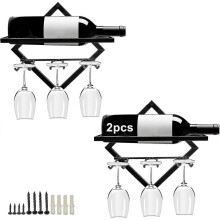 2Pcs Metal Wall Mounted Wine Holder Stemware Glass Rack with 3 Stem Glass Holders for Home Kitchen Bar Decor (Black)