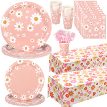 Daisy Party Supplies 122PCS Disposable Tableware Set for 24 Guests with Floral Plates Napkins Forks Decor