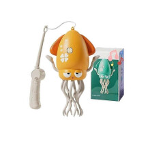 (Yellow With Fishing Rod) Electric Automatic Obstacle Avoidance Octopus, Interactive Auto-Dance Octopus Crawling Octopus Toy with LED Lights & Music