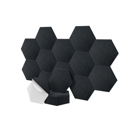 Painéis acústicos hexagonais autoadesivos para redução de ruído.