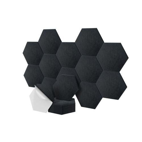 Painéis acústicos hexagonais autoadesivos para redução de ruído.
