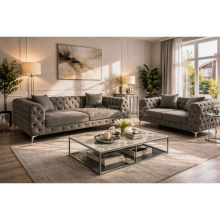 (Grey Velvet, 3+2 Seater) Monaco Sofa 3+2 Set 1,2,3 Seater Chesterfield Velvet Couch Longue Lounger Settee