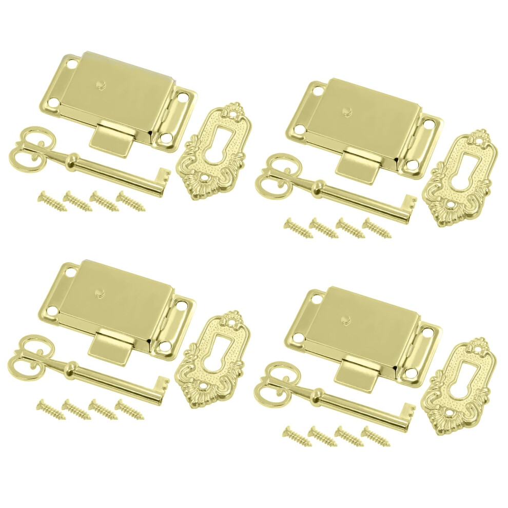 Antique Gold Cabinet Lock Set With Key, Vintage Skeleton Lock For Chest Cupboard Furniture, 4 Pack 9330225529279