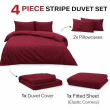(Single , Burgundy) Luxury Stripe Duvet Cover Bedding Set Fitted Sheet