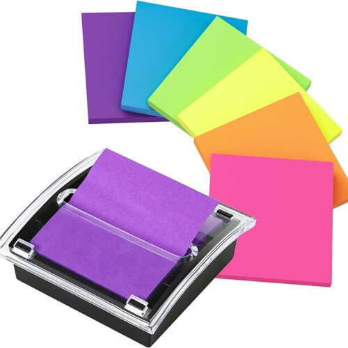 Bloc-Notes Adhésif Escamotable avec 2 Blocs-Notes, Distributeur de Notes Escamotable, Porte-Notes, Base Noire, Dessus Transparent, Autocollant