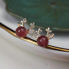 (Pink Antlers) Crystal Elk Earrings Women Christmas Deer Ear Stud Stylish Xmas Gift Girls