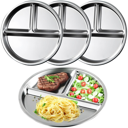 4Pack Stainless Steel Divided Plates, 3 Section Dinner Plates for Portion Control, Camping, Dishwasher Safe