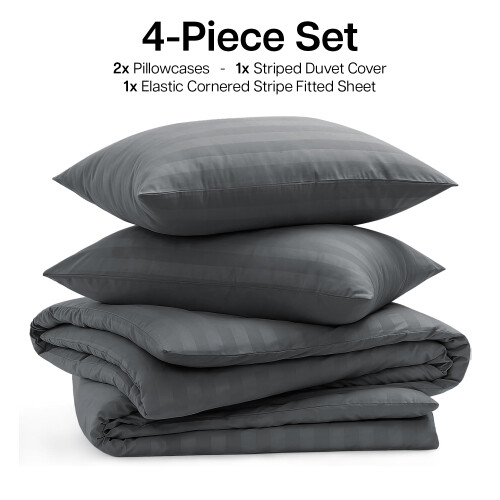 Imperial Rooms (Super King, Grey) Luxury Stripe Duvet Cover Bedding Set Fitted Sheet 1