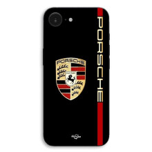 Hülle für iPhone 17 mit rotem und goldenem PORSCHE-Logo auf schwarzem Hintergrund von Maniacase