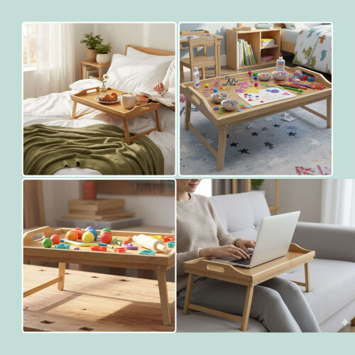 Bamboo Bed Tray with Foldable Legs and Side Handles 2