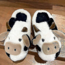 (EU36-37) Plush Cow Slippers Cute Warm Comfortable Cotton Shoes Animal Shape One Stirrup Slippers