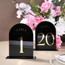 Black Arch Acrylic Wedding Table Numbers with Gold Letters and Stands, Elegant Double‑Sided Signs 1‑50