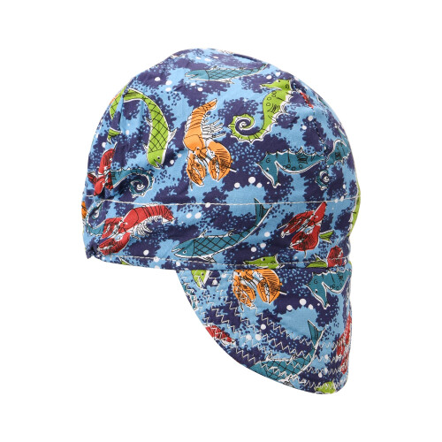Flame Resistant Welding Cap Blue Fish Pattern Cotton Hat Sweat Absorbing Helmet Fit