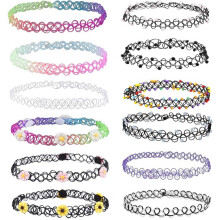 (One Size, Multi-color) 12pcs Choker Necklace Set Henna Tattoo Stretch Elastic Jewelry Clavicle Chain for Women