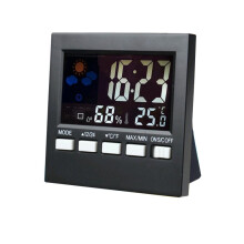 HTC-1 Household Thermometer And Hygrometer Color Screen Weather Station Thermometer Electronic Clock Alarm(Black)