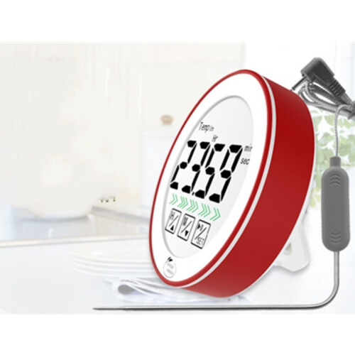 A multi-functional thermometer (red) that combines room temperature measurement, food probe detection, and countdown timer functions. 1