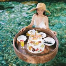 80cm Round Rattan Floating Pool Tray Brown Floating Serving Tray for Food and Drinks