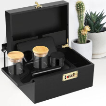 Large Bamboo Storage Box with Combination Lock, Decorative Box Set with Removable Tray and Glass Storage Jars, Wooden Storage Box