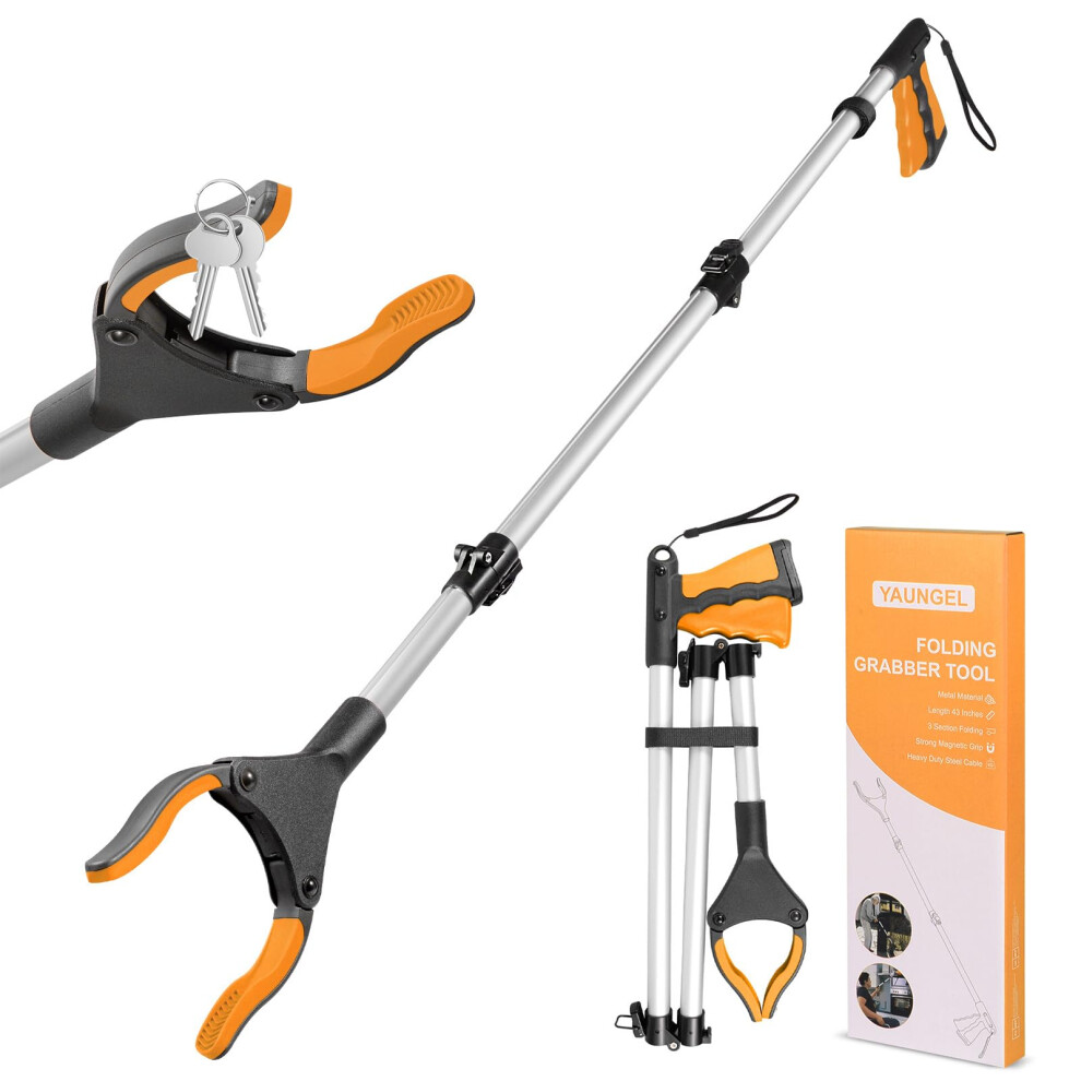 43 Inch Foldable Grabber Reacher Tool with 360 Degree Rotating Jaw and Magnetic Tip for Elderly Trash Pickup