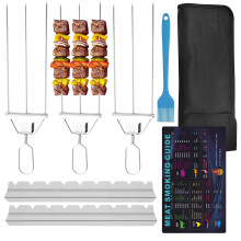 BBQ Skewers Set with TripleGrip Stainless Forks Holder and Silicone Brush, AllinOne Grilling Accessories Kit