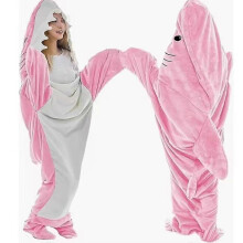 (pink, M) Shark Blanket Adult Wearable Hooded Onesie Winter Warm Sleeping Bag