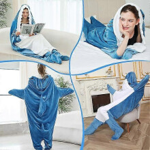 (dark blue, M) Shark Blanket Adult Wearable Hooded Onesie Winter Warm Sleeping Bag