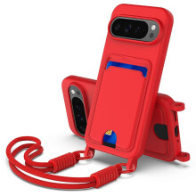(Red) Étui en silicone avec porte-cartes et dragonne pour Google Pixel 10 Pro XL