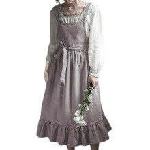 (taro purple, Washed cotton thick) Vintage Cotton Linen Apron Dress with Pockets, Taro Purple