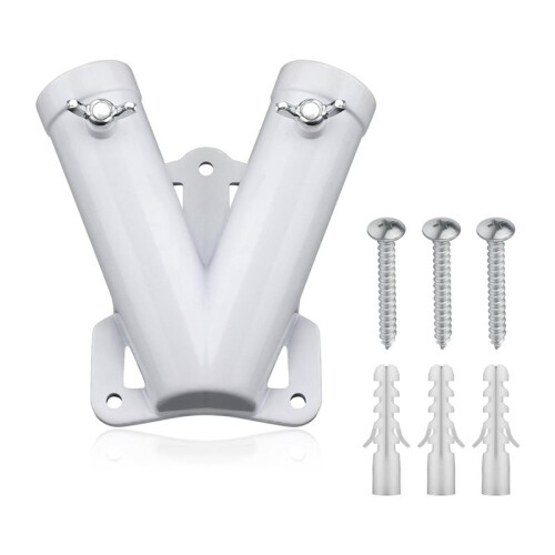 5X Double FlagPole Bracket Holder, V Shape Aluminum Alloy Flagpole Wall Mount Bracket Windproof Flag Bracket Mounting 1