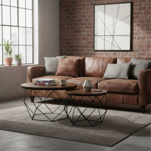 Industrial Coffee Table Set, Wood-Effect Top, Metal Frame 1