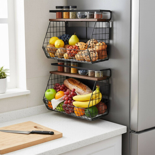 Magnetic Wall Fruit Basket Shelf, 2 Pcs with Hooks 1