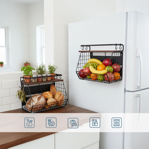 Magnetic Wall Fruit Basket Shelf, 2 Pcs with Hooks 2