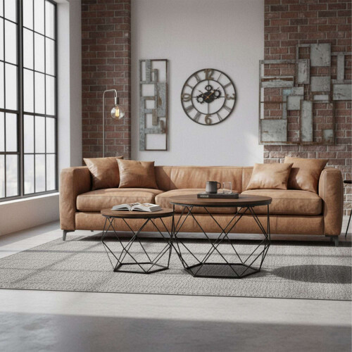 Industrial Coffee Table Set, Wood-Effect Top, Metal Frame 2