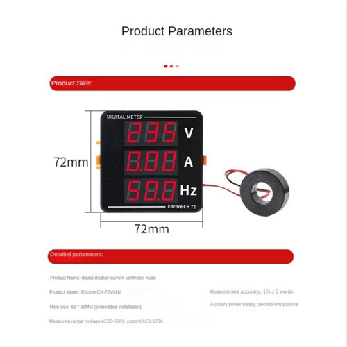 5X AC Ammeter Voltmeter Three Display Current Voltage Frequency Meter AC50-500V AC0-120A 10-99.9Hz