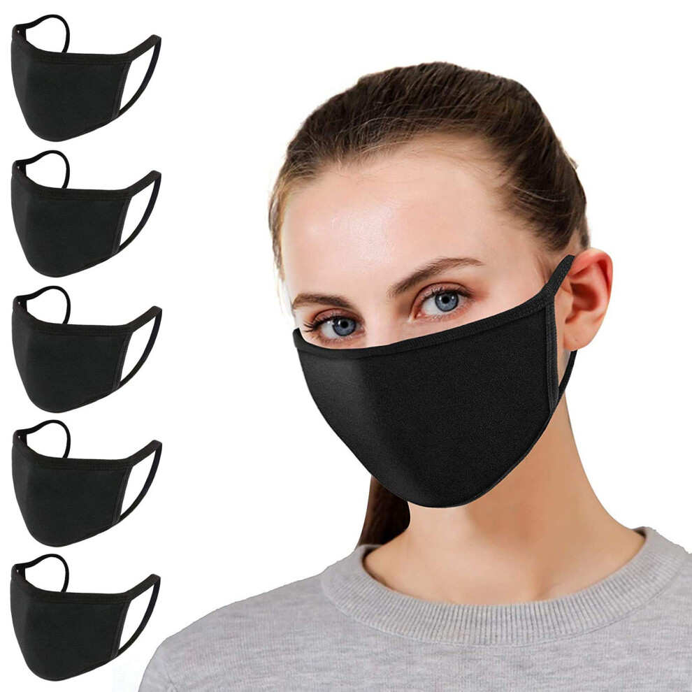5 Pack Black Cotton Face Masks Reusable Washable Breathable Fabric For Dust Protection Everyday Use 9073542194668