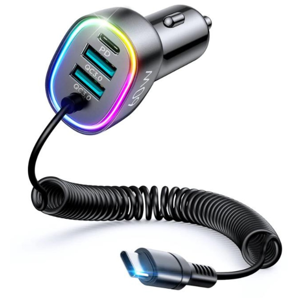Joyroom Jr-Cl19 60W 4-In-1 Car Charger With Coiled Type-C Cable Black 5061060509426