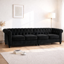 (4 Seater, Black) Hampton Chesterfield Sofa Set 2 Seater, 3 Seater, Armchair Plush Velvet Couch Tufted Design