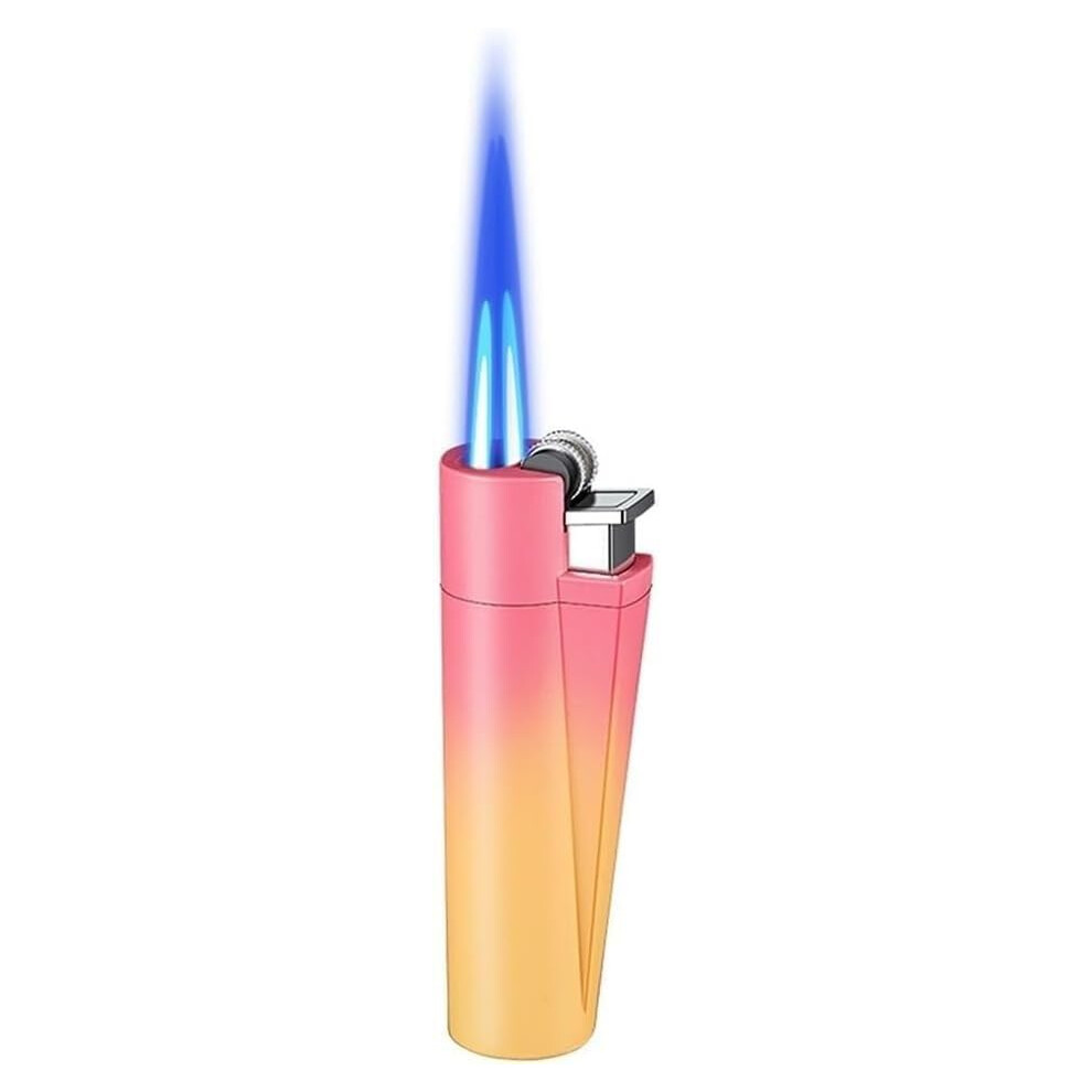 Pink/Orange Windproof Dual Flame Refillable Butane Lighter With Quick Wheel Ignition And Adjustable Flame Control