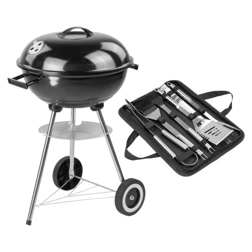 KCT Compact Round Kettle BBQ Tool Set Charcoal Patio Barbecue Outdoor Barbeque Grill Steel Black with Lid Wheels Party Cooking Stove Portable Camping