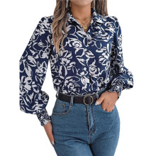 Women'S Floral Blouses Dressy Casual V Neck Button Down Shirts Lantern Long Sleeve Boho Chiffon Tops 2025 Dark S