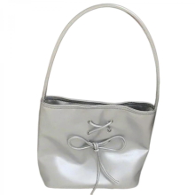 Women's Bow-Tie Shoulder Bag, PU Leather Shoulder Bag, Handbag, Bucket Bag, Shopping/Dating Bag, Sweet White and Silver
