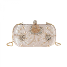Elegant modern beaded floral handbag, practical polyester shoulder bag, evening bag with spacious compartments, silver and champagne colors.
