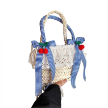 Elegant and cute bow-knot woven straw beach tote bag with ruffles, lace, pearl chain, small crossbody bucket bag, travel and vacation, pink and blue.