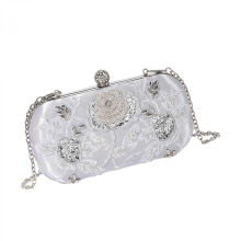 Elegant modern beaded flower handbag, practical polyester shoulder bag, evening bag with spacious compartments, silver color.