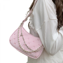 Borsa a tracolla in stile retrò, borsa a tracolla da donna in tinta unita, borsa a tracolla/spalla, con catena di perle, rosa.