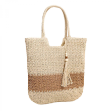 Stilvolle, beige und khakifarbene Strohtasche aus Flechtwerk, großes Fassungsvermögen, Sommerstrandtasche, Kaffeebeige.