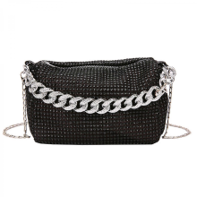 Borsa da sera con catena e strass scintillanti, borsa a tracolla da donna, borsa tote casual, adatta per balli e banchetti, argento e nero.