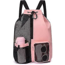 Multifunctional sports bag with drawstring closure, includes a waterproof pouch, pink swim bag, wet and dry compartments, lightweight beach backpack.
